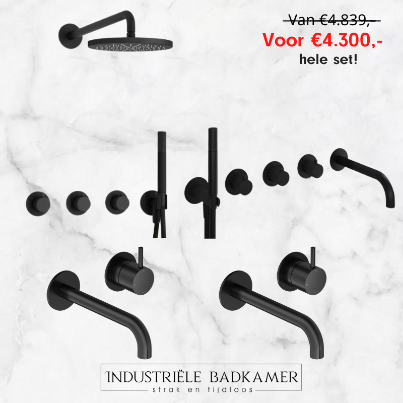 Hotbath actieset - mat zwart inbouw douchekraan, badkraan en wastafelkranen