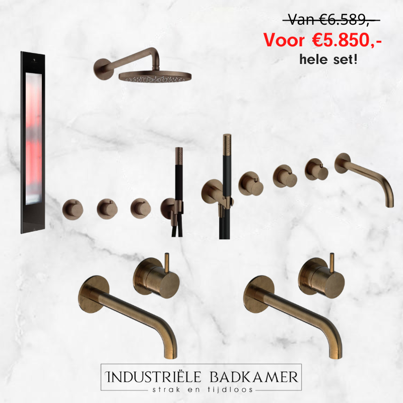Hotbath actieset - verouderd messing inbouw douchekraan, badkraan, wastafelkranen en Sunshower Pure XL