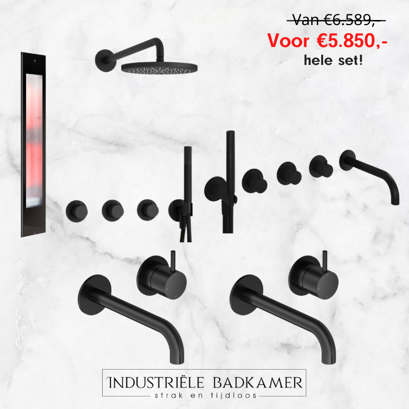 Hotbath actieset - mat zwart inbouw douchekraan, badkraan, wastafelkranen en Sunshower Pure XL