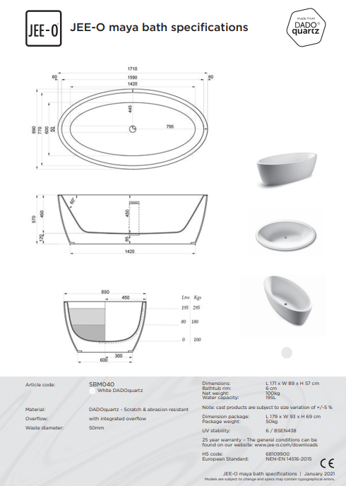 JEE-O Maya Vrijstaand bad van DADOquartz met geïntegreerde overloop Mat Wit 171x89x57cm