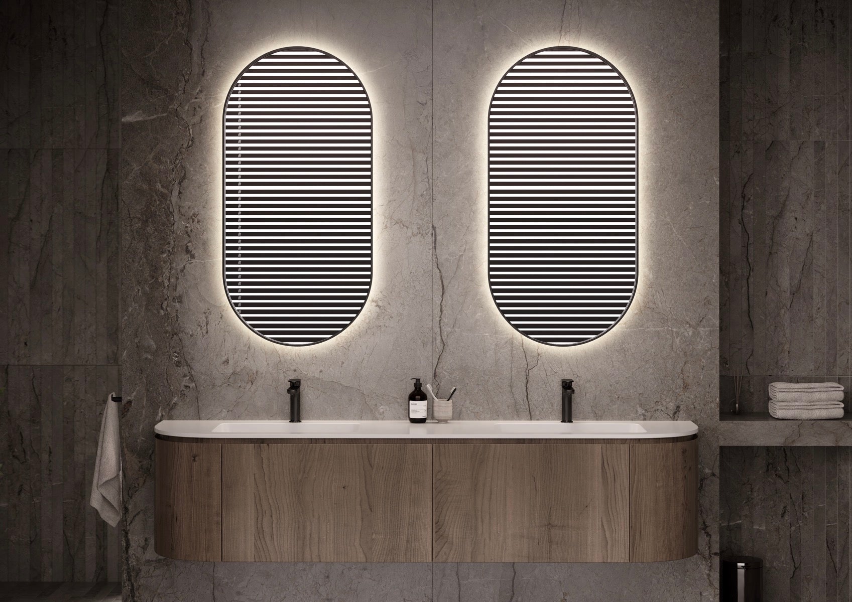 Martens Design - Miramar, ovale spiegel 450 x 900 mm met mat zwarte rand (aanzichtrand 5mm) spiegel 20 mm verzonken, met indirecte LED verlichting rondom en touch dimmer